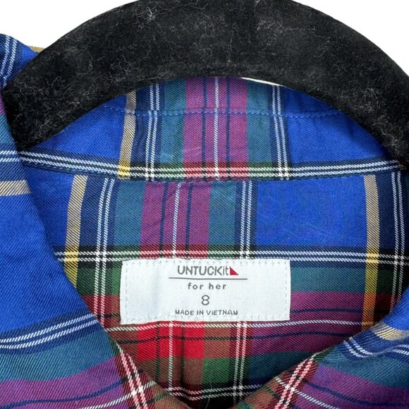 Untuckit for her Sadie blue with red & green plaid button down shirt Size 8 - Picture 3 of 11